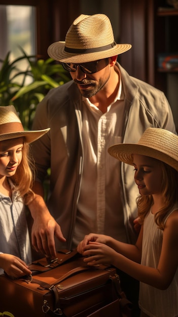 familia preparando maletas para ir de vacaciones hijas felices por el viaje