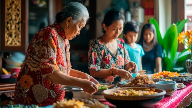 Foto família preparando pratos tradicionais indonésios para uma reunião festiva durante a celebração do dia kartini