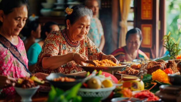 Foto família preparando pratos tradicionais indonésios para uma reunião festiva durante a celebração do dia kartini