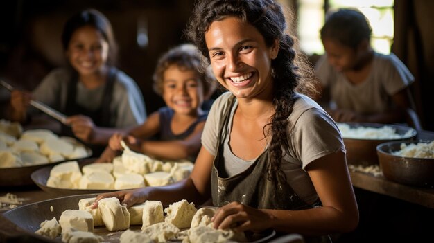 Familia preparando queso casero en un tradicional