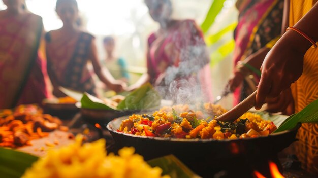 família preparando um banquete tradicional do sul da Índia para o Pongal com foco nos deliciosos pratos que estão sendo cozinhados