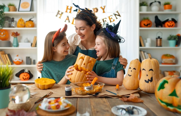 Familia preparándose para Halloween