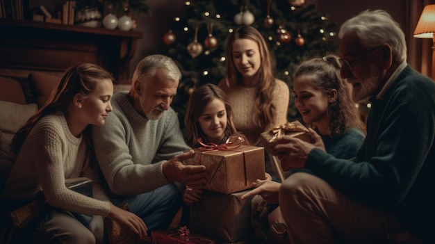 Una familia presenta un regalo de Navidad a sus abuelos.