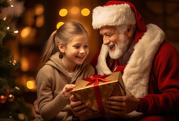 família presente com presente aberto na frente da árvore de Natal no estilo de grandparentcore