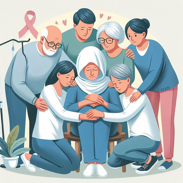 Familia y profesionales de la salud Confortando al paciente calvo Apoyo al encuentro médico Emocional