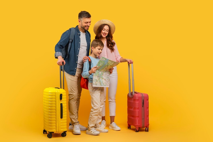 Foto família pronta para férias com malas e mapa