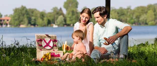 Familia que tiene comida campestre en el lago que se sienta en prado