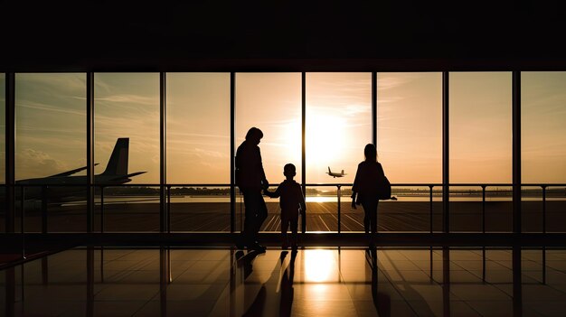 Familia que viaja con un niño pequeño caminando a la puerta de salida silueta del concepto de viaje de personas