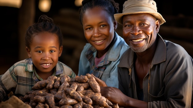 Familia recogiendo raíces de yuca en una granja brasileña