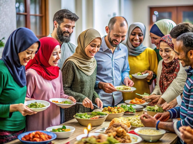 Foto familia de refugiados comiendo la cena de iftar comiendo comida tradicional durante el mes de fiesta de ramadán en casa