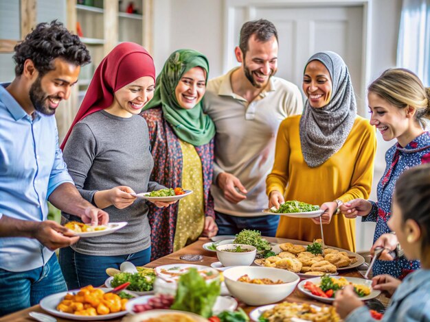 familia de refugiados comiendo la cena de Iftar Comiendo comida tradicional durante el mes de fiesta de Ramadán en casa