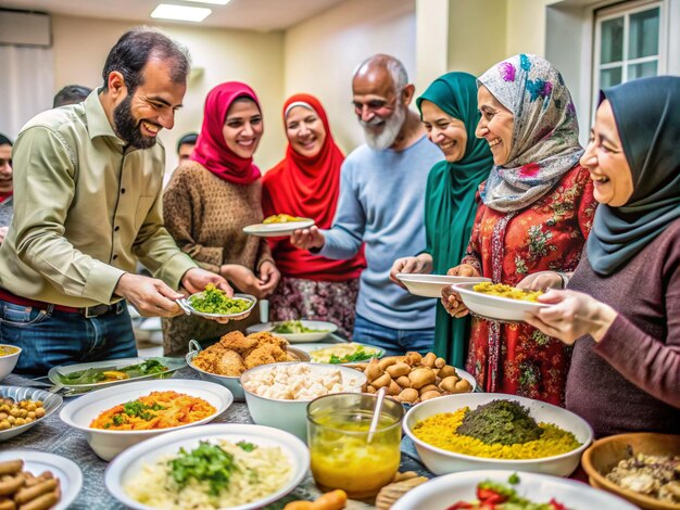 Foto familia de refugiados comiendo la cena de iftar comiendo comida tradicional durante el mes de fiesta de ramadán en casa