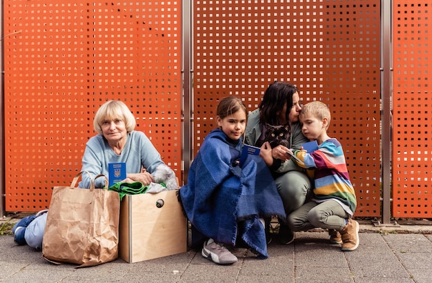 Familia de refugiados ucranianos con niños y gato de mascota con pasaportes huyendo de Ucrania
