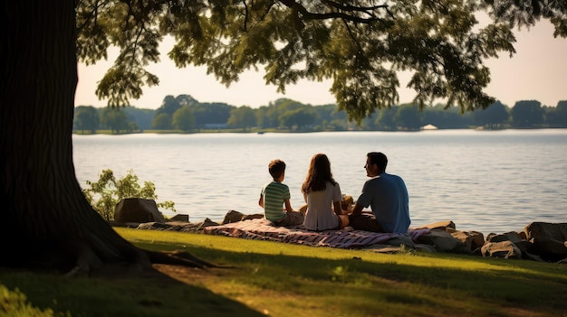 Foto familia de relajación en el lago