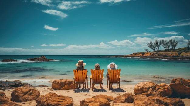 Familia relajada descansando en sillas de playa y disfrutando de la vista