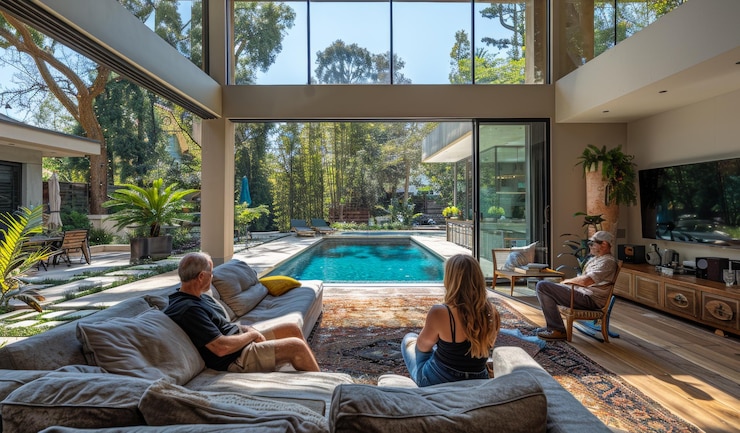 Familia relajándose en una casa moderna con vista a la piscina Una familia disfruta de una tarde soleada en su casa moderna