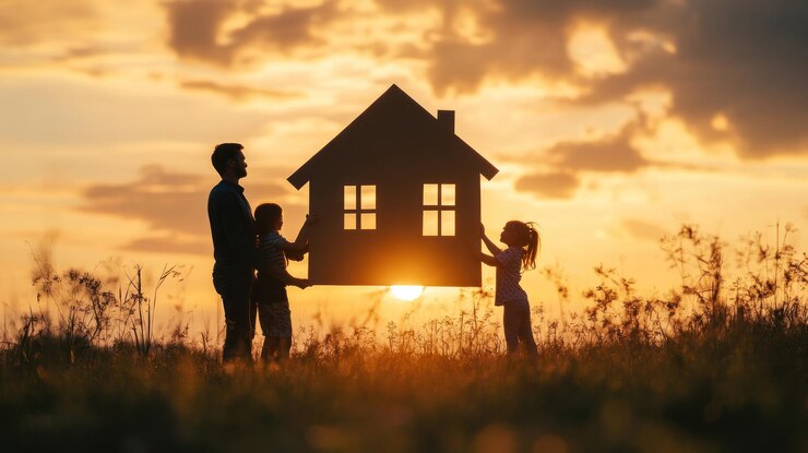 Una familia con un retrato de una casa al atardecer