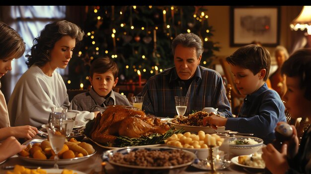 Foto una familia se reúne alrededor de una mesa para la cena de navidad