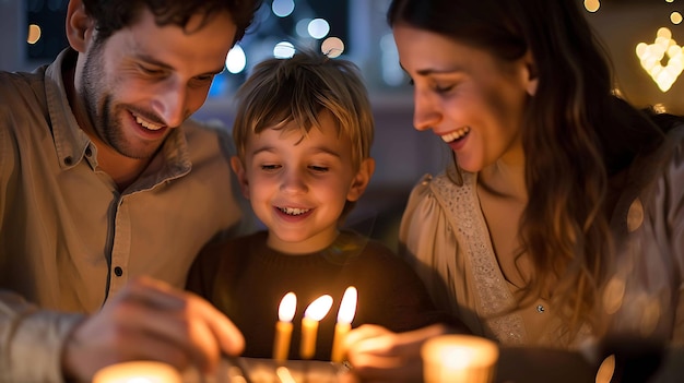 Una familia se reúne alrededor de una mesa encendiendo velas el niño está mirando las velas con asombro en los ojos
