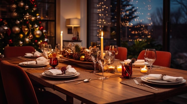 La familia se reúne alrededor de la mesa para una festiva cena de Navidad