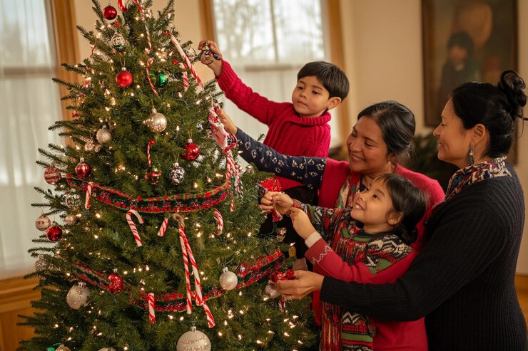 La familia se reúne para decorar un árbol de Navidad en un ambiente interior acogedor IA generativa