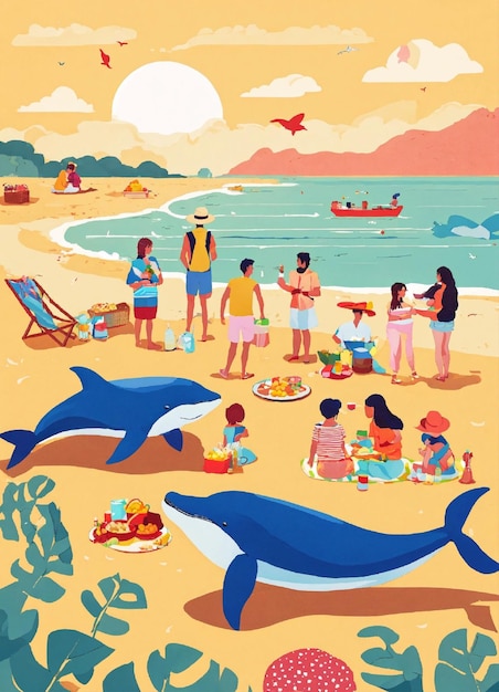 una familia se reúne en una playa con un delfín y un barco en el fondo