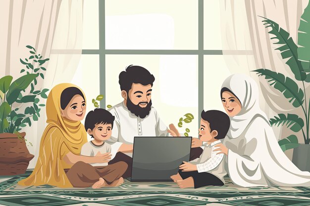 Una familia reunida alrededor de una computadora portátil llamando por video a su pariente lejano para celebrar el Eid juntos