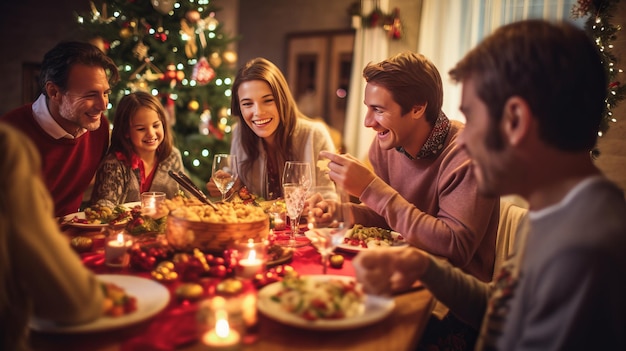 una familia reunida alrededor de una mesa bellamente decorada llena de deliciosas fiestas