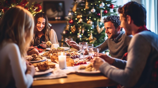 una familia reunida alrededor de una mesa bellamente decorada llena de deliciosas fiestas