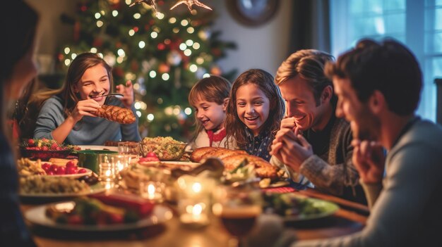 una familia reunida alrededor de una mesa bellamente decorada llena de deliciosas fiestas