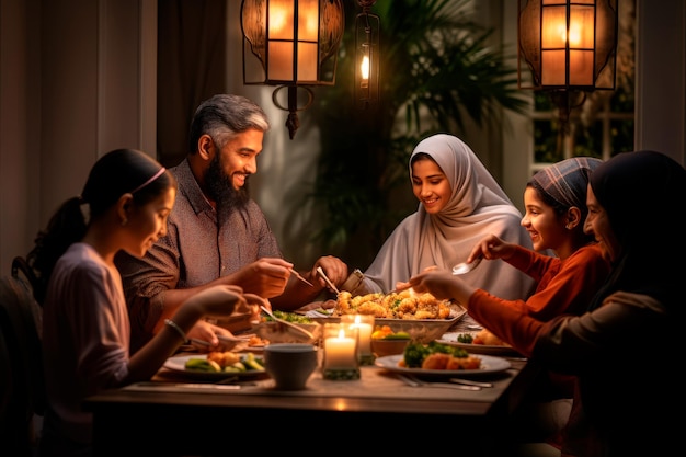 Una familia reunida alrededor de la mesa de comedor para suhoor