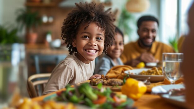 Una familia reunida alrededor de una mesa compartiendo risas y una comida casera