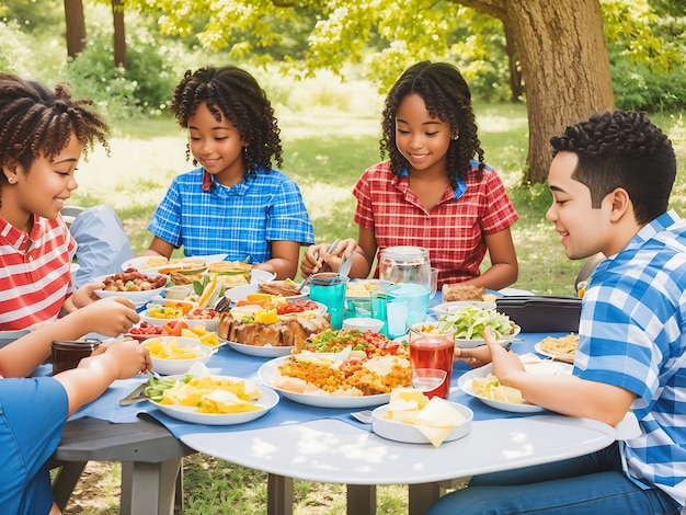 Una familia reunida alrededor de una mesa de picnic disfrutando de una comida juntos el Día del Trabajo