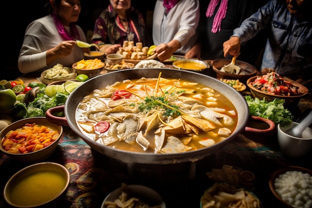 Una familia reunida alrededor de una olla de pozole blanco mexicano hirviendo