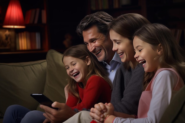 Família rindo enquanto está sentado em frente à TV, o pai segura o telefone Generative AI