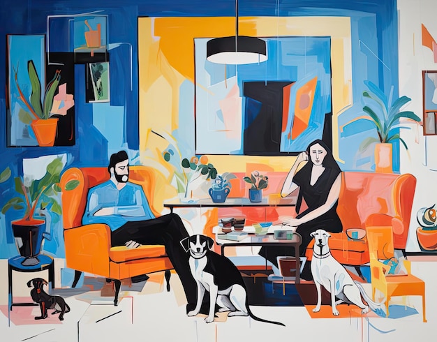familia rodeada de mascotas en una sala de estar en el estilo de trabajo de línea dinámica