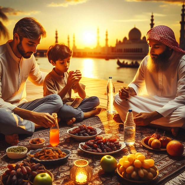 Una familia rompiendo su ayuno juntos al atardecer