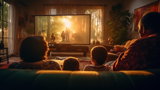 Familia sentada en una acogedora sala de estar viendo televisión IA generativa