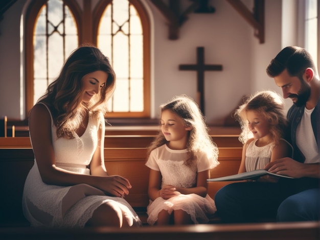 Foto familia sentada en el banco en una pequeña iglesia y orando