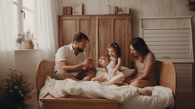 Familia sentada en una cama y jugando con una carta