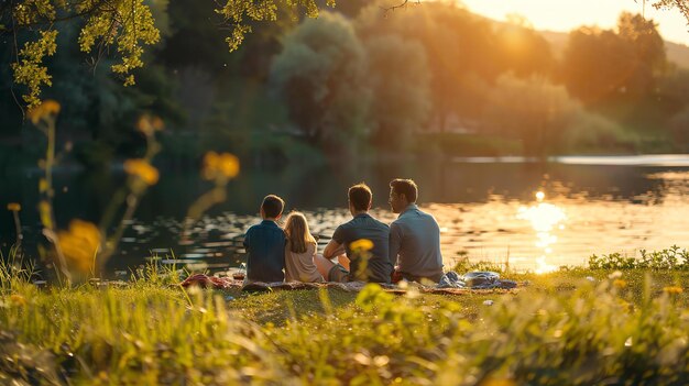 Foto família sentada em um cobertor na beira de um lago desfrutando do pôr do sol