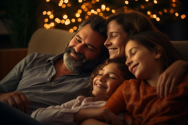 Familia sentada felizmente viendo la televisión en la sala de estar con fondo estilo bokeh