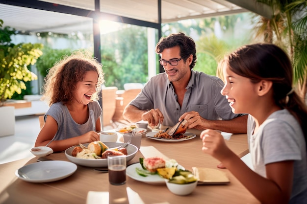 una familia sentada junta en la mesa del desayuno AI generativa