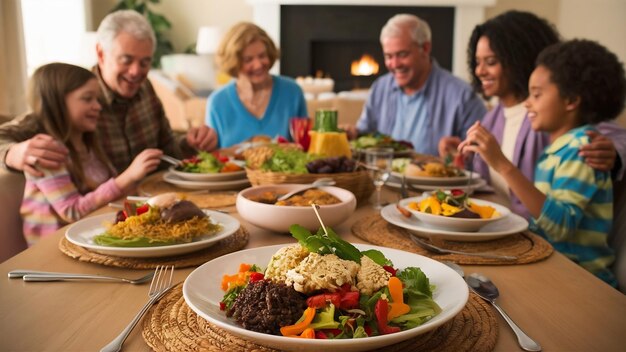 Familia sentada en la mesa amigos veganos cenando juntos fucus en primer plano