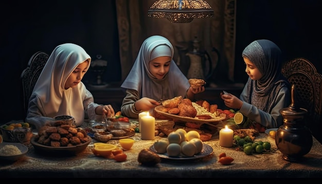 Una familia sentada en una mesa con comida y una vela al fondo.