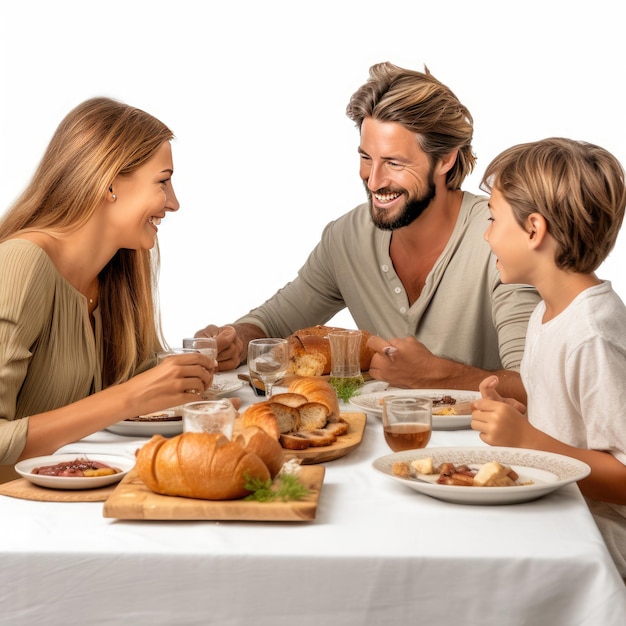 Una familia sentada en una mesa con comida