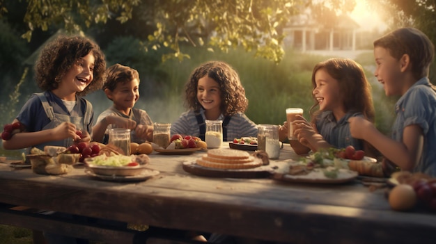 Una familia sentada en una mesa de picnic, con las manos en las caderas y todos sonriendo.