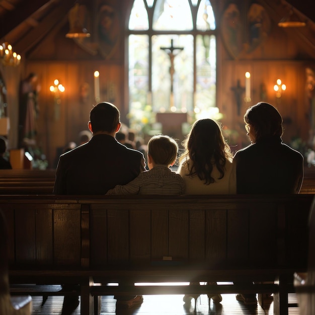 Foto família sentada no banco da igreja