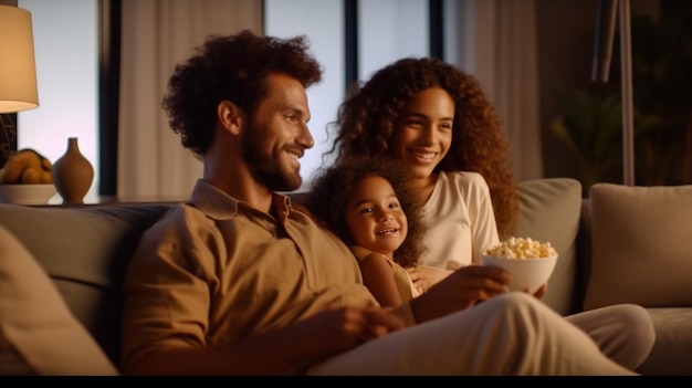 Foto família sentada no sofá na sala de plano aberto assistindo televisão