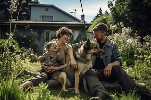 familia sentada en el patio con el perro mascota